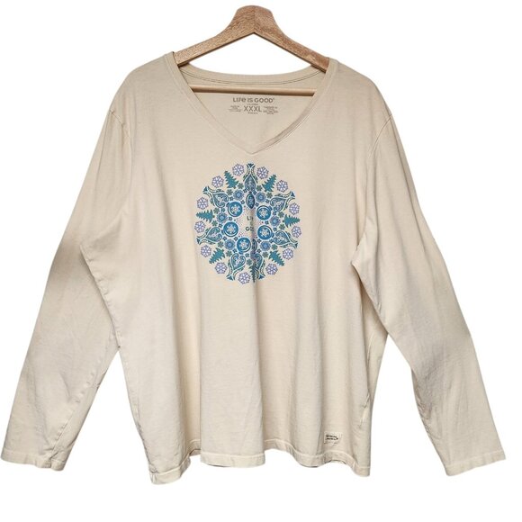 Women's Life is Good XXXL Winter Wonderland Cream Blues LS Crusher V-Neck - Picture 1 of 7